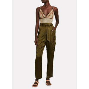 Intermix Pants Womens 0 Addison Satin Cargo Green High Rise Straight Belted $278